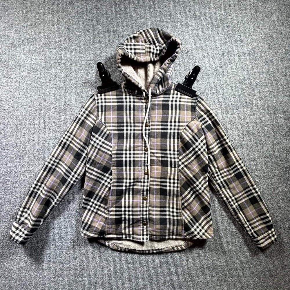 Wolverine Shirt Jacket Womens Small Gray Purple Plaid Sherpa Fleece Lined Hooded
